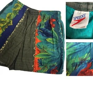 vtg SPEEDO Tropical Swim Trunks Sz L 100% Cotton Hawaiian SURFER Pckts 80s - Picture 1 of 18