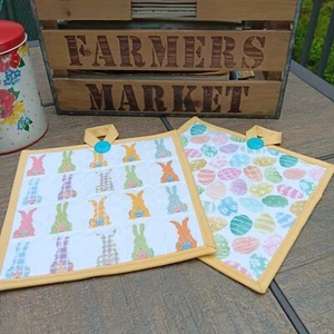 POTHOLDER HOT PAD SET - HANDMADE QUILTED EASTER SPRING (2) WITH HANGING LOOPS - Picture 1 of 4