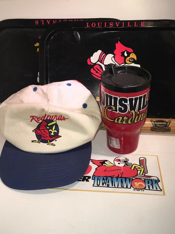 Louisville Cardinal Vintage Lot with travel mug, tin trays, hat, bat and sticker Cover