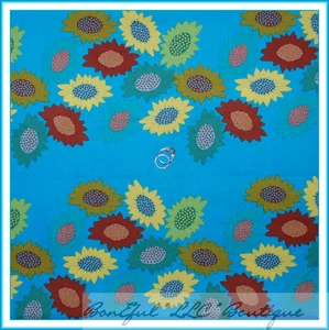 BonEful Fabric FQ Cotton Quilt VTG Blue Yellow Sunflower Dot Stripe Retro Flower - Picture 1 of 9