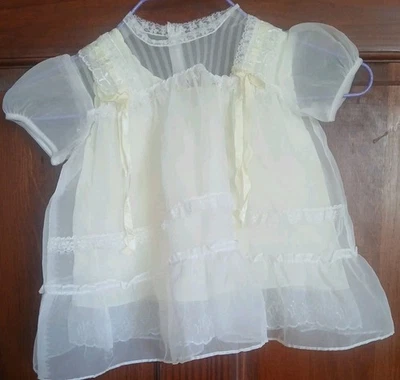  VTG COLL Doll Baby Newborn Christining Dress White Shear Ruffle Yellow Bow Slip - Image 1 of 4