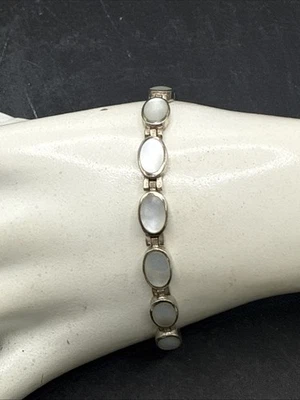 ❤️ 纯银复古珍珠母凸圆形椭圆形网球 7 1/2 英寸手链 — 第 1/4 张图片