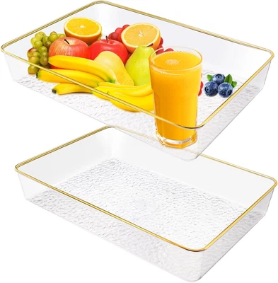 Bandeja para servir profunda de plástico de 2 piezas 8,5 X 12,4 X 1,9 pulgadas, borde dorado tienda decorativa Foto 1 de 4