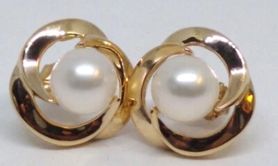 14k, Yellow Gold, 7-7.5 mm Grade AA, Cultured Pearl Earrings. - Image 1 of 4
