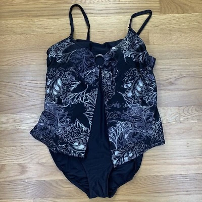 Fashion Bug One Piece Baithing Suit Black and silver Size 12 Nylon and Spandex - Image 1 of 4