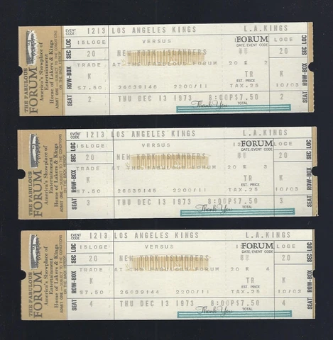 VINTAGE 1973-1974 NHL NY ISLANDERS @ LOS ANGELES KINGS FULL HOCKEY TICKETS (3) Cover