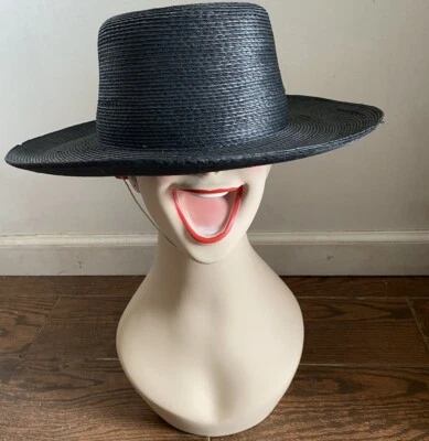 Vintage Hat Straw Preferito Brand 3” Wide Brim Black Chin String 7.5” Women’s - Image 1 of 4