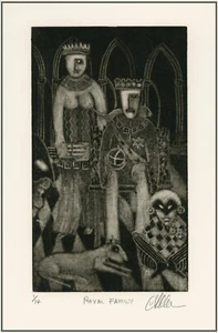ROYAL RENAISSANCE FAMILY & COURT JESTER. Original SURREALISM MEZZOTINT Signed - Picture 1 of 1