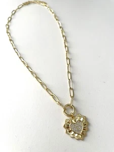 Radial Heart Charm Paperclip Chain Necklace Click Charm Holder 18k Gold Filled - Picture 1 of 7