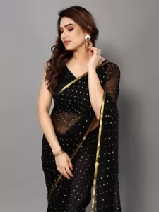 Woven, Embellished Daily Wear Chiffon Saree (Black) - Picture 1 of 7