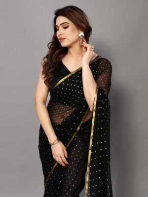 Woven, Embellished Daily Wear Chiffon Saree  (Black) - Image 1 of 4
