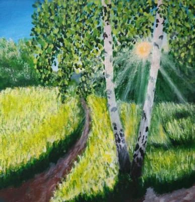 Original painting with the signature Green landscape with birches. Forest 8*8 in - Image 1 of 4