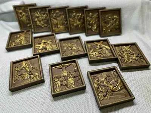 Set of 14 Stations of the Cross way of sorrows wood religious carved icons - Picture 1 of 9