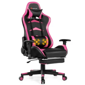 Goplus Massage Gaming Chair Reclining Swivel Racing Office Chair w/Footrest Pink - Picture 1 of 6