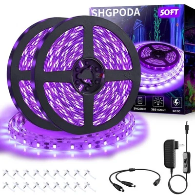 50ft/15M LED Black Light Strip Kit, 900 Units Lamp Beads, 385nm-400nm, 12V Fl... - Image 1 of 4