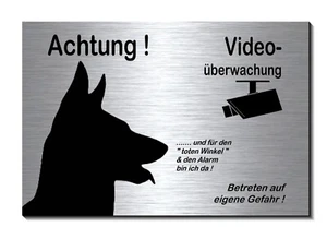 Schäferhund-Aluminium-Edelstahl-Optik-15 x 10 cm Hunde-Video-Schild-Warnschild - Bild 1 von 3