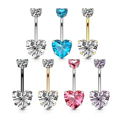 Double Heart Surgical Steel Prong Set 14GA Internal Thread CZ Navel Belly Ring  - Image 1 of 4