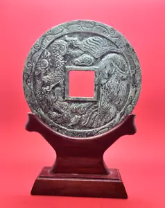 Japanese Ancient Cast Iron Mon Coin Large With Wooden Display Green 5.5” - Picture 1 of 8
