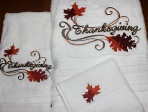 Fall Thanksgiving with Autumn Leaves Bath Hand Towel Set EMBROIDERED Gift