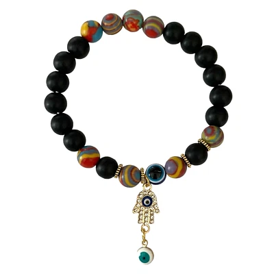 手镯 Evil Eye ICU Hamsa 串珠弹力黑珠水钻手饰品 — 第 1/3 张图片