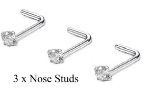 3 x L Shape Sterling Silver 2mm Clear Gem Nose Studs Piercing New Body Jewellery - Picture 1 of 5