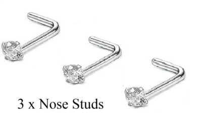 3 x L Shape Sterling Silver 2mm Clear Gem Nose Studs Piercing New Body Jewellery - Image 1 of 4