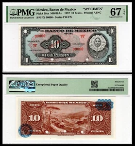 Mexico, El Banco de Mexico 10 Pesos 19-JUN-1957, SPECIMEN. PMG 67Superb Gem UNC. - Picture 1 of 1