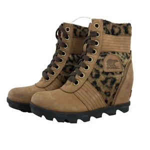 Botas Sorel Lexie Para Mujer 5.5 Cuero Marrón Estampado Leopardo Cuña Oculta Con Cordones - Imagen 1 de 10