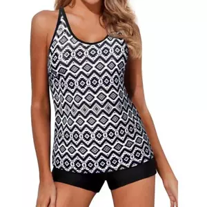 Yonique 2 Piece Tankini w/ Boy Shorts Athletic Swim Tank Top Geometry L (12-14) - Picture 1 of 9