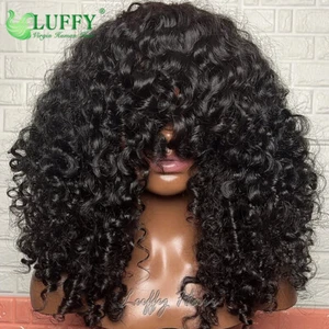 Curly Human Hair 13x6 Lace Front Wig With Bangs Brazilian Hair HD Full Lace Wigs - Picture 1 of 12