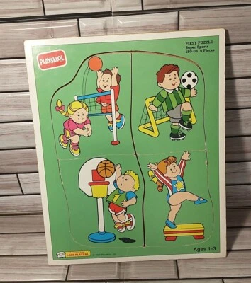 Rompecabezas de madera vintage Playskool primer rompecabezas super deportes 1992 4 piezas Foto 1 de 4
