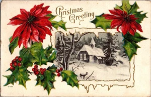 AK Weihnachtsgrüße Winterszene Weihnachtssterne geteilter Rücken geprägt 1920 - Bild 1 von 2