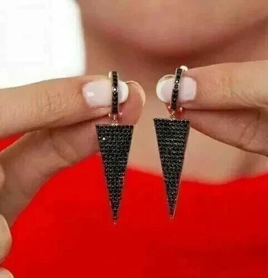 Pendientes colgantes redondos de diamantes negros creados en laboratorio de 2 quilates enchapados en oro rosa de 14 quilates Foto 1 de 4