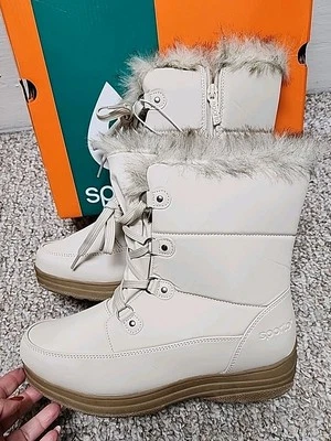 Sporto Boots Womens 11M Cream Winter Snow Apres Side Zip Waterproof Faux Fur NWT - Image 1 of 4