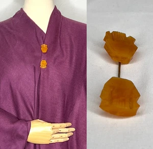 Vintage 1940s Carved Bakelite Butterscotch Stick Pin Brooch 2 Piece 3" Wide - Picture 1 of 8