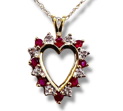10k Yellow Gold Ruby Diamond Heart Pendant Necklace 2.2g 18" -1398 - Image 1 of 4