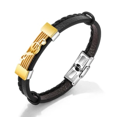 Мужской браслет из нержавеющей стали с 8-дюймовым тройным ключом и посохом черная кожа серебро или золото - Изображение 1 из 4