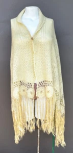 Vtg Cream Crocheted Knit Shawl Wrap Fringe 58x24" Rectangular Open Weave Boho - Picture 1 of 9