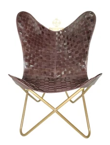 Butterfly Chair Genuine Leather โ Mid-Century Boho Sling Accent Seating - Picture 1 of 6
