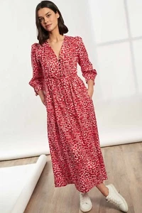 Cefinn Juniper Pansy Leopard Print Drawstring V Neck Maxi Dress Size UK 14 Red - Picture 1 of 8