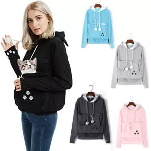 Women Pocket Pet Hoodies Casual Sweatshirt Big Pocket Cat Carrier Long Pullover - Picture 1 of 17