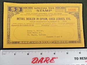 vtg 1944 DEALER in OPIUM, COCA LEAVES ECT. $3 TAX STAMP FORT WAYNE,INDIANA drug - Picture 1 of 2