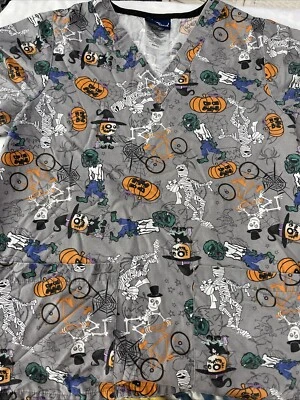 Tafford Halloween Scrub Top Sz Small Gray Skeletons Ghosts Spiders Zombie - Image 1 of 4