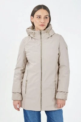 YES ZEE Jacke Mantel Daunenjacke Damen Softshell mit Kapuze Beige - Bild 1 von 2