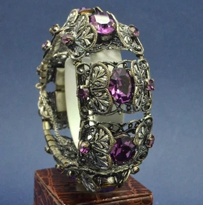Early Vintage Bracelet 1930s Bohemian Purple Crystal Silver Plated Jewellery - Picture 1 of 9