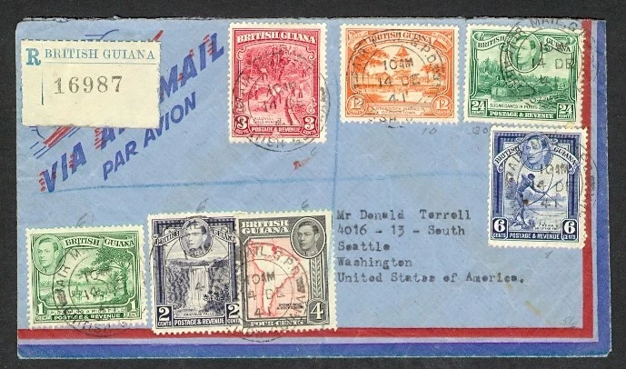 GUAYANA BRITÁNICA 1941 KGVI COMBO CORREO AÉREO REGISTRADO A EE. UU. Foto 1 de 1