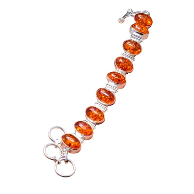 Pulseira de prata esterlina 925 feita à mão com pedra preciosa âmbar do Báltico tamanho 7-8" - Imagem 1 de 4