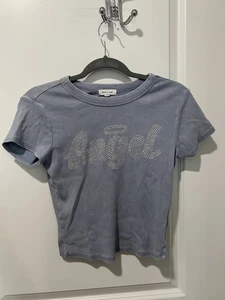 Stitch & Pine Women’s Tee “Angel” Blue Size Medium Cropped Bedazzled - Picture 1 of 5