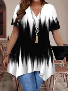 PLUS 20 24 28 BLACK WHITE ABSTRACT TOP BLOUSE TUNIC STRETCH ASYMMETRIC HEM - Picture 1 of 3