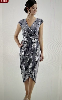 JS Collections June Sequin Velvet Faux Wrap Cocktail Dress in Gray/Silver Sz 16 - Image 1 of 4